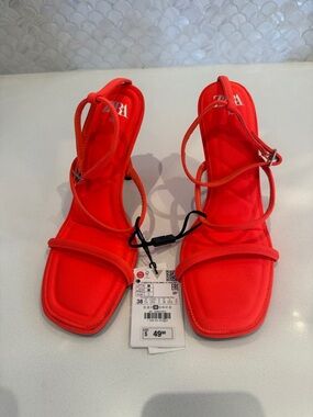 Zara Neon Orange High Heel Square-Toe Sandal - Size 38